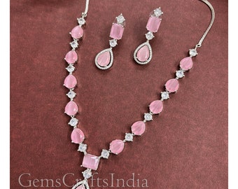 Silver Finish CZ Pendent Necklace Set/ American Diamond Necklace Earrings Set / Indian jewelry/AD Bridal Set/Wedding Jewelry/Gift for her