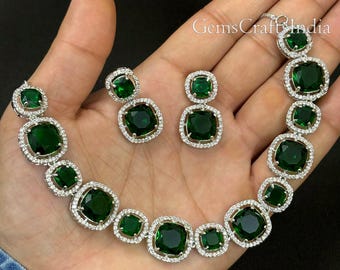 CZ Choker Necklace Set/ American Diamond Green Necklace Set/Indian Silver Statement Necklace/Wedding Necklace /Bridal Jewellery/Gift for her