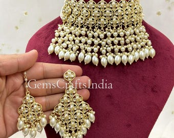 Indian Kundan Necklace Set/Pearl Kundan Polki Choker Set/Indian Wedding Jewellery/Bridal Gold Plated Jewellery With Earrings /Gif for her