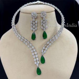 CZ Diamond Necklace Set/ American diamond Necklace/Indian jewelry/ Wedding jewelry Bridal Choker Green Necklace/ Pakistani Jewelry for Women