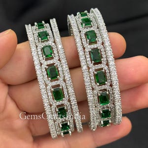 American Diamond Bangles/Silver CZ Diamond Bangles/Indian Bangles/Cubic Zirconia Bangles/ Green Emerald Bangle/Indian Jewelry/ Set of 6 pcs