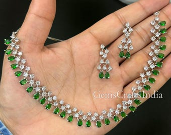 CZ Necklace Set/ American Diamond Necklace Set/Indian Silver Finish AD Necklace Set/Indian Necklace/Wedding/Bridal Jewelry Set/Gift for her