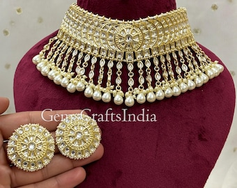 Indian Kundan Necklace Set/Pearl Kundan Choker Set/Indian Jewelry/Bridal Necklace Jewelry Set/ Wedding Jewelry Set With Earrings/Gif for her