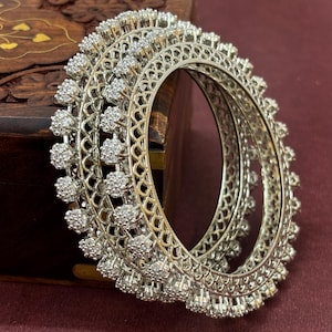 Silver American Diamond Pacheli Bangle/Bracelet Jewelry/Silver Finish Bridal Bracelet Indian Jewelry Cubic Zirconia Bangles/Pack of 2 Pcs