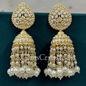 Gold Plated Jhumka Earrings/Pearl Jhumkas/Bollywood Earrings/Indian Jhumki/ Handmade Pearl Kundan Earrings for Women/Girls/ Gift for her