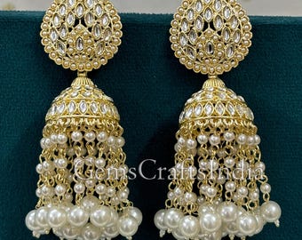 Gold Plated Jhumka Earrings/Pearl Jhumkas/Bollywood Earrings/Indian Jhumki/ Handmade Pearl Kundan Earrings for Women/Girls/ Gift for her