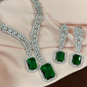 CZ Diamond Pendent Necklace Set/Faux American diamond Necklace/Emerald Green CZ Indian Necklace/Wedding Bridal Choker Set/Pakistani Jewelry