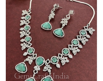 American Diamond Choker Necklace Set Silver Finish CZ Necklace / Indian jewelry/AD Bridal/Choker/Emerald Set/ Wedding Jewelry/Gift for her
