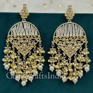 Gold Plated Kundan Chandelier Earring/Indian Chandelier Drop Earrings/ Handmade Pearl Beaded Kundan Earrings for Women/Girls/ Gift for her