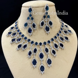 CZ Diamond Necklace Set/American diamond Necklace Earring Set/Indian Bridal Necklace/Pakistani Jewelry/Wedding Silver Necklace/ Gift for her