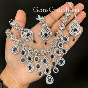 CZ Necklace Set/American Diamond Necklace Set/Indian Silver Finish Necklace Set/Indian Jewelry Set/Wedding/Bridal Jewelry Set/Gift for her