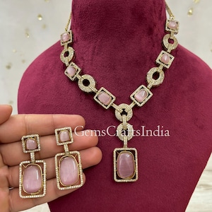 Antique Gold Necklace Set/ Cubic Zircon Necklace /Indian Wedding Jewellery Set/ Gold Plated AD Jewellery/Gift Jewellery Set/ Gif for her