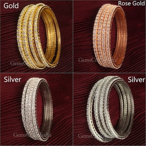 Indian Silver American Diamond Bangles/Rose Gold,Diamond Silver Bangle/ Set Of 4 CZ Diamond Bangles/ Cubic Zirconia Gold Bangles Jewelry
