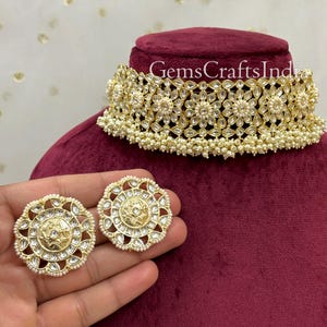 Indian Kundan Necklace Set/Pearl Kundan Choker Set/Indian Jewelry/Bridal Necklace Jewelry Set/ Wedding Jewelry Set With Earrings/Gif for her