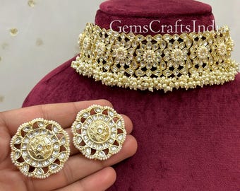 Indiskt Kundan Halsbandsset/Pärl Kundan Choker Set/Indiska Smycken/Brudhalsbandssmyckesset/Bröllopssmyckesset med Örhängen/Gift för henne