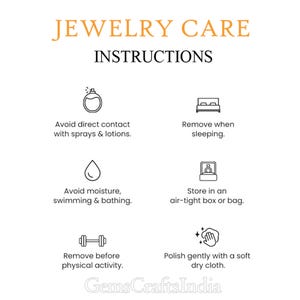 Puede incluir: Instrucciones de cuidado de las joyas con iconos en blanco y negro. Evite el contacto directo con aerosoles y lociones, qu&iacute;tese las joyas al dormir, evite la humedad, nadar y ba&ntilde;arse, guarde las joyas en una caja o bolsa herm&eacute;tica, qu&iacute;tese las joyas antes de la actividad f&iacute;sica, pula suavemente con un pa&ntilde;o suave y seco.