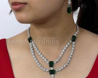 Indian Silver Finish AD Necklace Set/CZ Necklace/ American Diamond Necklace Earrings Set / Bollywood jewelry/Wedding Jewelry/Gift for her