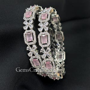 Indian Silver American Diamond/CZ Bangles/ Pink Emerald Diamond Silver Bangle/ Set Of 2 CZ Diamond Bangles/ Cubic Zirconia Bangles Jewelry