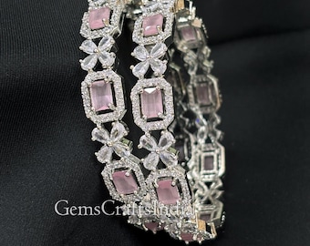 Set of 2 Silver American Diamond Bangle Bracelet/ Pink CZ Diamond Bangles/ Cubic Zirconia Bangles, Jewelry, Gift for her