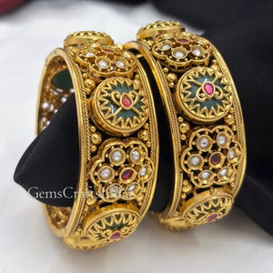 Bracciali rigidi Kundan in oro antico, bracciali da sposa, gioielli da matrimonio indiani, bracciali tradizionali Polki, set di 2 pezzi