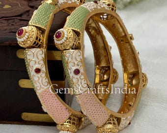 Antique Gold Bangle/Gold Plated Designer Openable Bangle Bracelet/Polki Golden Bangle/Bridal Jewellery/Wedding Bangle Kada Pack of 2 Pcs