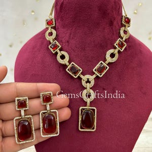 Antique Gold Necklace Set/ Cubic Zircon Necklace /Indian Wedding Jewellery Set/ Gold Plated AD Jewellery/Gift Jewellery Set/ Gif for her