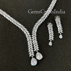 Indian Silver Finish AD Necklace Set/CZ Necklace/ American Diamond Necklace Earrings Set / Statement jewellery/Wedding Jewelry/Gift for her