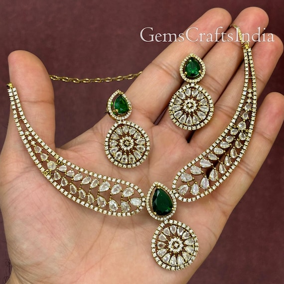 CZ Necklace Set/Antique Gold Finish AD Necklace Set/ Indian Necklace/Victorian Choker Necklace/Bridal jewellery/Wedding Jewelry/Gift for her
