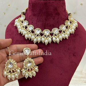 Kundan Necklace Set/Bridal Necklace Jewellery Set/Pearl Choker Necklace/Indian Jewelry/Wedding Choker Set With Earrings Tikka/ Gif for her