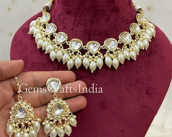 Kundan Necklace Set/Bridal Necklace Jewellery Set/Pearl Choker Necklace/Indian Jewelry/Wedding Choker Set With Earrings Tikka/ Gif for her