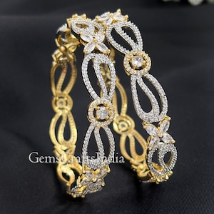 Golden CZ Bangles Bracelet/American Diamond Bangle/ Gold Plated Bangle/Indian Bangles/ wedding/AD bridal jewelry/Gift for her Set of 2 pcs