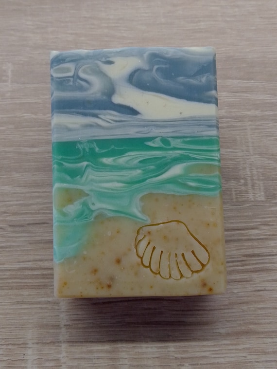 Meeresrauschen Seife mit Motivstempel, 100g, handgemachte Handseife,Duschseife, palmölfrei und vegan, Gastgeschenk