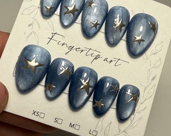 Blue Star Nails – Midnight Galaxy Press On Nail Set – Cosmic Celestial Silver Stars