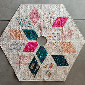May include: A quilted, cream-colored tree skirt with a hexagonal shape. It features diamond-shaped patches in pink, teal, and peach, each with floral patterns. The skirt has a central hole and is stitched with a quilted design.