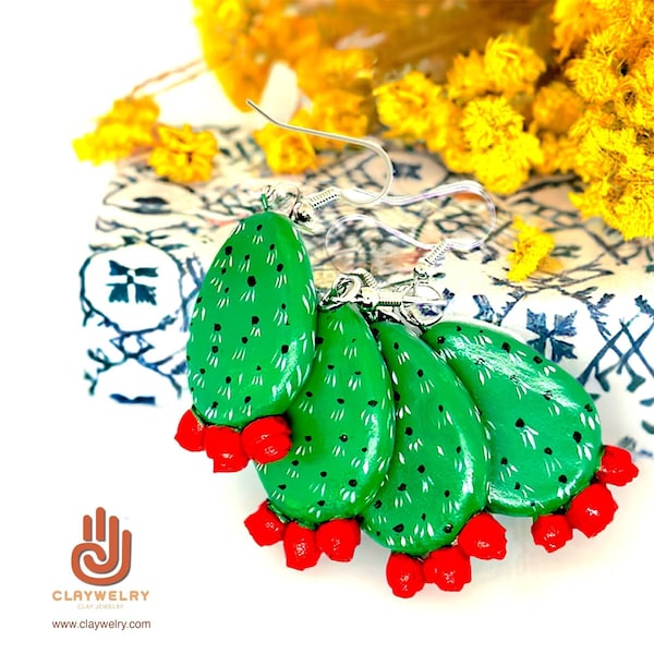 Earthy Extraordinary Trendy Cactus Earrings Clay Artisan Mexican Jewelry HandPainted Ethnic Mexico Folk Art to Wear Red Flowers Nopal Aretes