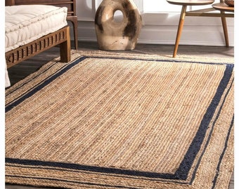Jute Rug Runner Black Line Rectangular Natural Handmade Braided style Reversible RugTraditional Rugs Room Decor Carpet