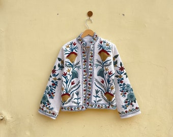 Cotton Suzani Hand Embroidery Jacket Coat, White Women Wear Winter Jackets, Bridesmaid Gift, Winter Jacket, Kimono Robe, Bridesmaid Jackets