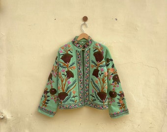 Cotton Suzani Hand Embroidery Jacket Coat, Green Women Wear Winter Jackets, Bridesmaid Gift, Winter Jacket, Kimono Robe, Bridesmaid Jackets