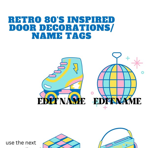 Retro 80s | RA Door Decoration & Classroom Name Tags | Customizable Designs | Dorm Room | Teacher Supplies | Personalized Student Name Label