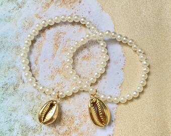 Golden Cowrie Shell Pearl Bracelet l Jewelry l Mermaid l Ocean