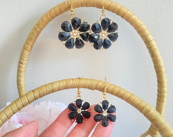 Floral Black Earrings l 14k Gold Coated l  Jewelry l Spring l Flower