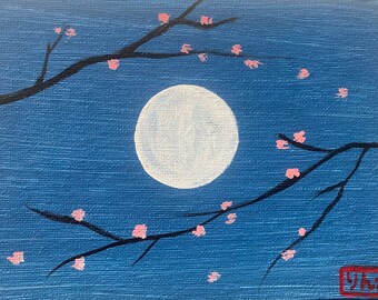 Original l One of a Kind l The Moon & The Sakura l Japanese l Acrylic Painting