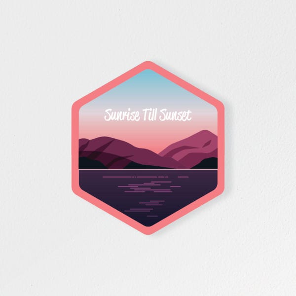 Sunrise Till Sunset Sticker, Glossy Water Resistant Decal for Laptops, Kindles, iPads, Planners, Journals & Bottles, Mountain Hiking Gift