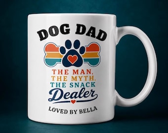 Dog Dad Mug, Funny Snack Dealer Gift, Retro Paw Print, Personalised Ceramic Cup