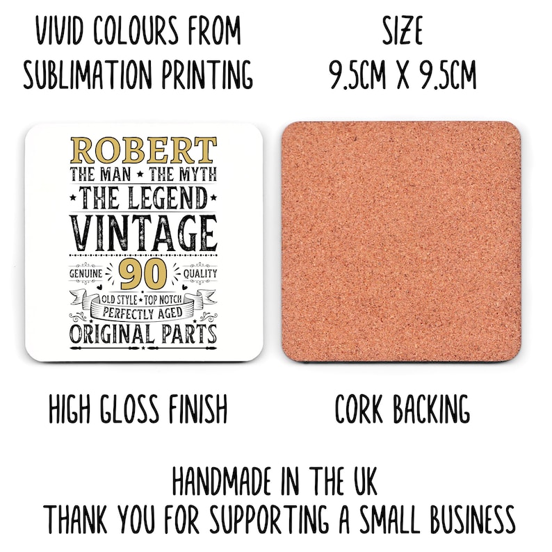 May include: A square coaster with a high gloss finish, featuring the text "ROBERT THE MAN THE MYTH THE LEGEND VINTAGE 90" and a cork backing. The coaster measures 3.7 inches by 3.7 inches.