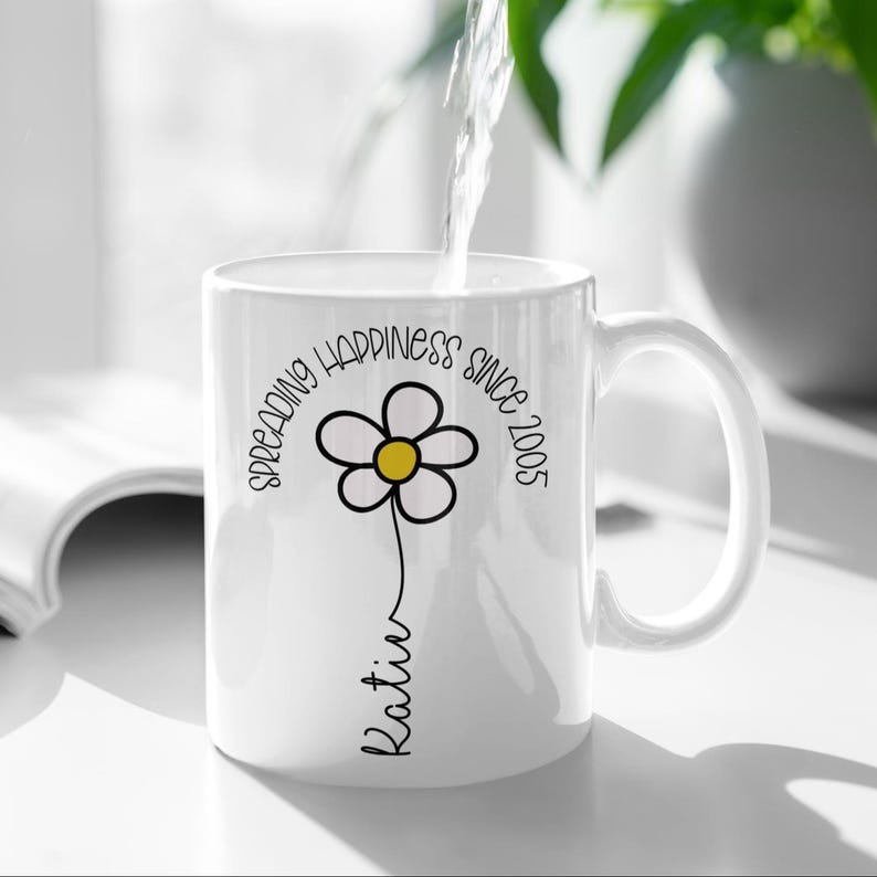 Personalised 21st Birthday Mug, Daisy Gift for 21 Year Old Female MUG & COASTER