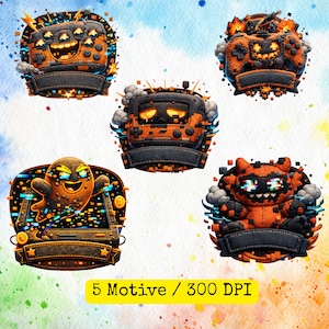 Könnte beinhalten: Fünf digitale Kunstdesigns mit orangefarbenen und schwarzen pixeligen Charakteren mit leeren Bannern. Die Designs umfassen einen lächelnden Roboter, einen Gamecontroller, einen Geist und ein Monster. Der Text "5 Motive / 300 DPI" befindet sich in einem gelben Rechteck.