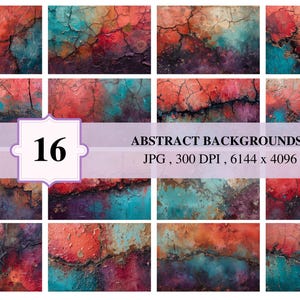 Könnte beinhalten: Eine Sammlung von 16 abstrakten Hintergründen mit rissigen, texturierten Oberflächen in leuchtenden Rot-, Türkis- und Violetttönen. Das Bild enthält den Text 16 ABSTRACT BACKGROUNDS JPG, 300 DPI, 6144 x 4096 auf einem hellvioletten Banner.