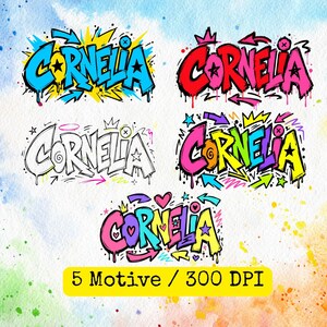 Könnte beinhalten: Fünf Graffiti-Designs des Namens "Cornelia" in verschiedenen Stilen und Farben. Die Designs umfassen Blau, Rot, Rosa, Gelb und Schwarz, mit Elementen wie Sternen, Kronen und Pfeilen. Der Text "5 Motive / 300 DPI" ist ebenfalls vorhanden.