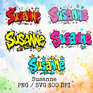 May include: Five variations of the name Susanne written in graffiti-style lettering with vibrant colors including red, yellow, pink, and blue. Each design features decorative elements like crowns, stars, hearts, and arrows with paint drips.